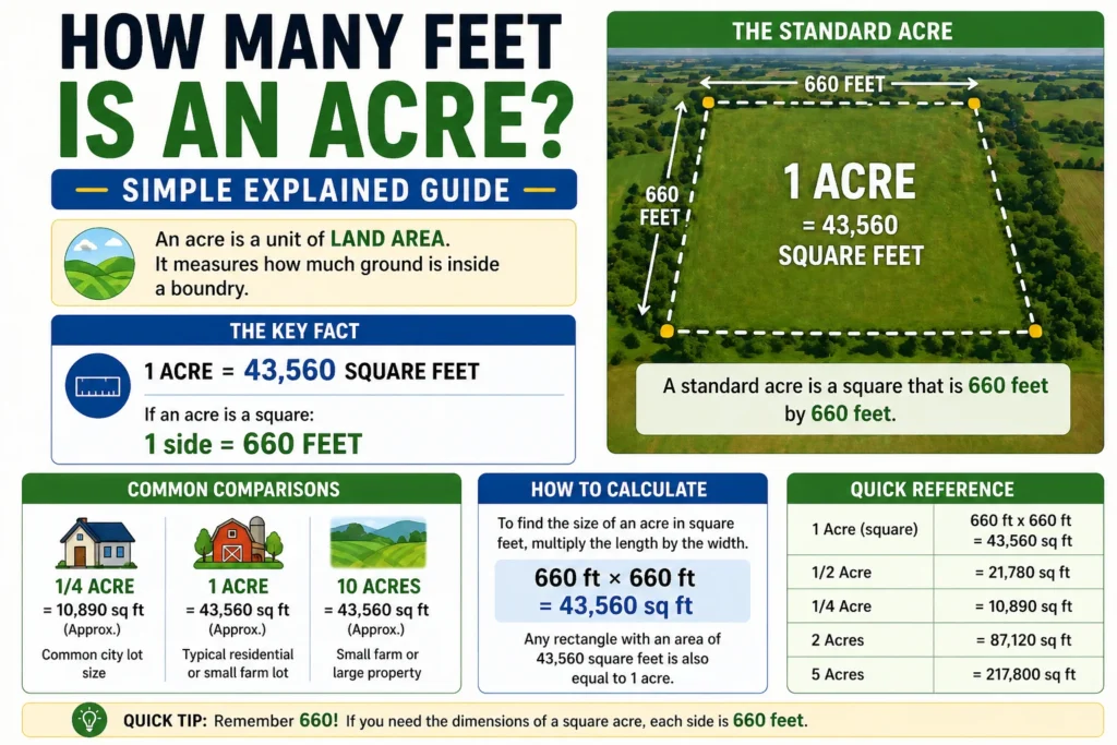 How Many Feet Is an Acre? Complete Guide If you’ve ever looked at land listings or heard someone mention property size, you might have asked: how many feet is an acre? It sounds like a simple question, but the answer is often misunderstood. Here’s the truth: 👉 An acre is not measured in feet alone Instead, it is a unit of area, which means it represents a surface made up of both length and width. Because of this, you cannot define an acre using a single number of feet like you would for length. In this guide, we’ll explain everything in a simple, easy-to-understand way—so you can clearly understand how big an acre really is and how it translates into feet. What Is an Acre? Understanding the Basics Before answering how many feet is an acre, let’s first understand what an acre actually means. Definition of an acre An acre is a unit of land measurement commonly used in: Real estate Agriculture Construction It has been used for centuries and is still widely used in countries like the United States and the United Kingdom. Acre as a unit of area Unlike feet or meters, an acre measures area, not length. That means: Feet = one dimension (length) Acre = two dimensions (length × width) This difference is very important. How Many Feet Is an Acre? The Correct Answer Let’s answer the question directly. 👉 1 acre = 43,560 square feet This is the standard and official measurement. Why acres cannot be measured in feet directly You cannot say: “1 acre = X feet” ❌ Because: Feet measure length Acres measure area To understand an acre in feet, you must think in square feet, not just feet. Acre to Square Feet Conversion Formula Now let’s look at how to convert acres into square feet. Standard formula Square Feet = Acres × 43,560 Step-by-step calculation Example: Convert 3 acres into square feet Step 1: Use formula 3 × 43,560 Step 2: Calculate = 130,680 square feet So: 👉 3 acres = 130,680 sq ft Different Ways an Acre Can Be Measured in Feet One interesting thing about an acre is that it can take many shapes. Square-shaped acre A perfect square acre would be: About 208.7 feet × 208.7 feet Rectangular acre examples An acre can also be: 66 feet × 660 feet 100 feet × 435.6 feet Both equal the same area: 👉 43,560 square feet Irregular land shapes In real life, land is rarely perfect: Curved boundaries Uneven shapes Sloped areas Still, total area = 1 acre if it equals 43,560 sq ft. Visualizing an Acre in Real Life Understanding numbers is easier when you can picture them. Football field comparison A standard American football field (with end zones) is about: 57,600 sq ft 👉 1 acre is about 75% of a football field Residential land comparison Here’s how an acre compares to common plots: Small house lot: 0.1 acre Medium lot: 0.25 acre Large home property: 1 acre So, 1 acre is quite large for residential use. Acre Conversion Table Here’s a quick reference: Acres Square Feet 1 acre 43,560 sq ft 2 acres 87,120 sq ft 5 acres 217,800 sq ft 10 acres 435,600 sq ft Why Understanding Acre in Feet Matters Knowing how many feet is an acre is important in real life. Real estate deals When buying or selling land: Price depends on size Accurate measurement avoids overpaying Farming and agriculture Farmers use acres to: Measure crop fields Plan irrigation Estimate yield Construction planning Builders need land measurements to: Design layouts Plan structures Calculate materials Common Mistakes to Avoid Many people misunderstand land measurements. 1. Confusing feet with square feet This is the most common mistake: Feet ≠ square feet 2. Ignoring shape variations An acre does not have a fixed shape. 3. Wrong unit conversions Mixing meters, feet, and acres can lead to big errors. Expert Tips for Measuring Land Accurately Always calculate area, not length Focus on square footage when dealing with land. Use proper tools Use: Measuring tape Survey tools Online calculators Double-check conversions Even small mistakes can lead to large financial loss. Final Thoughts So, how many feet is an acre? 👉 The correct answer is: 1 acre = 43,560 square feet An acre cannot be expressed as a single number of feet because it measures area, not length. Once you understand this, land measurement becomes much easier and more practical. Whether you are buying property, planning construction, or studying measurements, this knowledge helps you make smarter decisions. 9. FAQs 1. How many feet is one acre exactly? An acre equals 43,560 square feet, not a single length in feet. 2. Can an acre be measured in feet? Not directly. It must be expressed in square feet. 3. What are the dimensions of a square acre? About 208.7 ft × 208.7 ft. 4. How many acres are in 1 square mile? There are 640 acres in a square mile. 5. Is an acre bigger than a football field? No, slightly smaller—about 75% of a football field. 10. Conclusion Understanding how many feet is an acre is essential for land-related decisions. While you cannot measure an acre in simple feet, you can confidently say that: 👉 1 acre = 43,560 square feet This simple concept helps you understand land size, compare properties, and avoid costly mistakes in real estate, farming, or construction.
