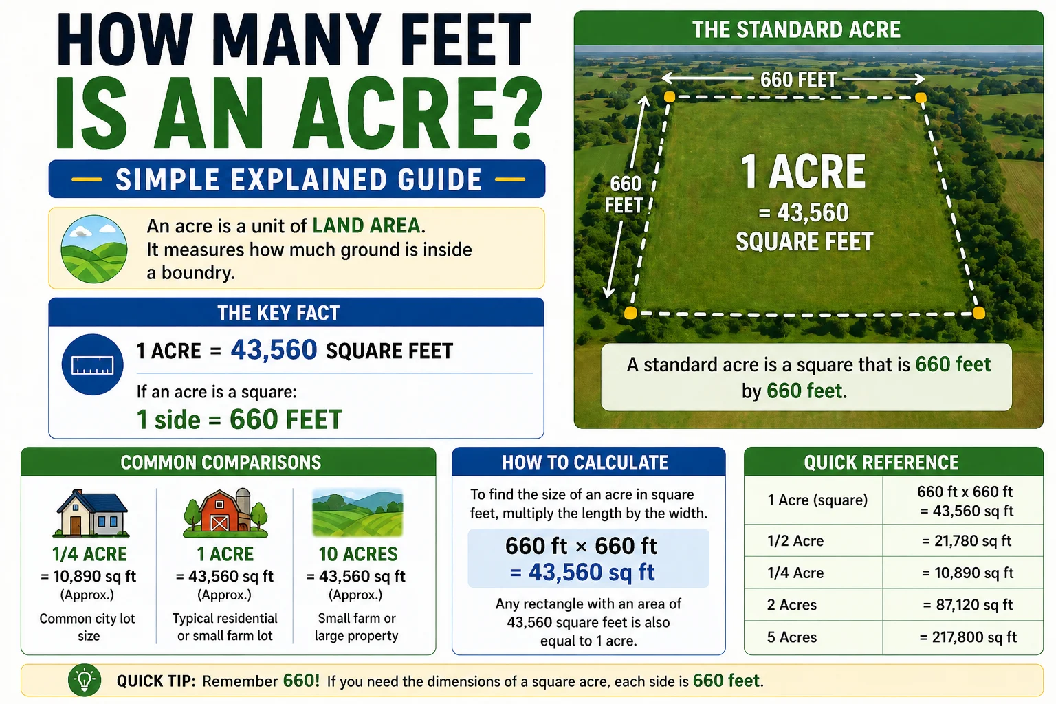 How Many Feet Is an Acre? Complete Guide If you’ve ever looked at land listings or heard someone mention property size, you might have asked: how many feet is an acre? It sounds like a simple question, but the answer is often misunderstood. Here’s the truth: 👉 An acre is not measured in feet alone Instead, it is a unit of area, which means it represents a surface made up of both length and width. Because of this, you cannot define an acre using a single number of feet like you would for length. In this guide, we’ll explain everything in a simple, easy-to-understand way—so you can clearly understand how big an acre really is and how it translates into feet. What Is an Acre? Understanding the Basics Before answering how many feet is an acre, let’s first understand what an acre actually means. Definition of an acre An acre is a unit of land measurement commonly used in: Real estate Agriculture Construction It has been used for centuries and is still widely used in countries like the United States and the United Kingdom. Acre as a unit of area Unlike feet or meters, an acre measures area, not length. That means: Feet = one dimension (length) Acre = two dimensions (length × width) This difference is very important. How Many Feet Is an Acre? The Correct Answer Let’s answer the question directly. 👉 1 acre = 43,560 square feet This is the standard and official measurement. Why acres cannot be measured in feet directly You cannot say: “1 acre = X feet” ❌ Because: Feet measure length Acres measure area To understand an acre in feet, you must think in square feet, not just feet. Acre to Square Feet Conversion Formula Now let’s look at how to convert acres into square feet. Standard formula Square Feet = Acres × 43,560 Step-by-step calculation Example: Convert 3 acres into square feet Step 1: Use formula 3 × 43,560 Step 2: Calculate = 130,680 square feet So: 👉 3 acres = 130,680 sq ft Different Ways an Acre Can Be Measured in Feet One interesting thing about an acre is that it can take many shapes. Square-shaped acre A perfect square acre would be: About 208.7 feet × 208.7 feet Rectangular acre examples An acre can also be: 66 feet × 660 feet 100 feet × 435.6 feet Both equal the same area: 👉 43,560 square feet Irregular land shapes In real life, land is rarely perfect: Curved boundaries Uneven shapes Sloped areas Still, total area = 1 acre if it equals 43,560 sq ft. Visualizing an Acre in Real Life Understanding numbers is easier when you can picture them. Football field comparison A standard American football field (with end zones) is about: 57,600 sq ft 👉 1 acre is about 75% of a football field Residential land comparison Here’s how an acre compares to common plots: Small house lot: 0.1 acre Medium lot: 0.25 acre Large home property: 1 acre So, 1 acre is quite large for residential use. Acre Conversion Table Here’s a quick reference: Acres Square Feet 1 acre 43,560 sq ft 2 acres 87,120 sq ft 5 acres 217,800 sq ft 10 acres 435,600 sq ft Why Understanding Acre in Feet Matters Knowing how many feet is an acre is important in real life. Real estate deals When buying or selling land: Price depends on size Accurate measurement avoids overpaying Farming and agriculture Farmers use acres to: Measure crop fields Plan irrigation Estimate yield Construction planning Builders need land measurements to: Design layouts Plan structures Calculate materials Common Mistakes to Avoid Many people misunderstand land measurements. 1. Confusing feet with square feet This is the most common mistake: Feet ≠ square feet 2. Ignoring shape variations An acre does not have a fixed shape. 3. Wrong unit conversions Mixing meters, feet, and acres can lead to big errors. Expert Tips for Measuring Land Accurately Always calculate area, not length Focus on square footage when dealing with land. Use proper tools Use: Measuring tape Survey tools Online calculators Double-check conversions Even small mistakes can lead to large financial loss. Final Thoughts So, how many feet is an acre? 👉 The correct answer is: 1 acre = 43,560 square feet An acre cannot be expressed as a single number of feet because it measures area, not length. Once you understand this, land measurement becomes much easier and more practical. Whether you are buying property, planning construction, or studying measurements, this knowledge helps you make smarter decisions. 9. FAQs 1. How many feet is one acre exactly? An acre equals 43,560 square feet, not a single length in feet. 2. Can an acre be measured in feet? Not directly. It must be expressed in square feet. 3. What are the dimensions of a square acre? About 208.7 ft × 208.7 ft. 4. How many acres are in 1 square mile? There are 640 acres in a square mile. 5. Is an acre bigger than a football field? No, slightly smaller—about 75% of a football field. 10. Conclusion Understanding how many feet is an acre is essential for land-related decisions. While you cannot measure an acre in simple feet, you can confidently say that: 👉 1 acre = 43,560 square feet This simple concept helps you understand land size, compare properties, and avoid costly mistakes in real estate, farming, or construction.