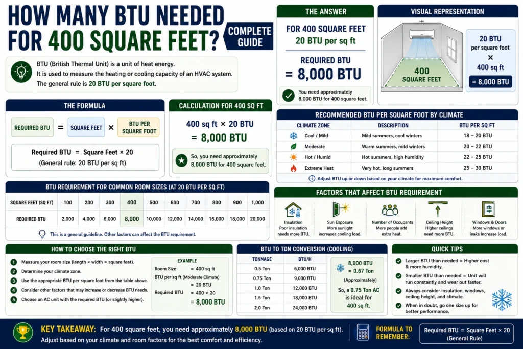 how many btu needed for 400 square feet