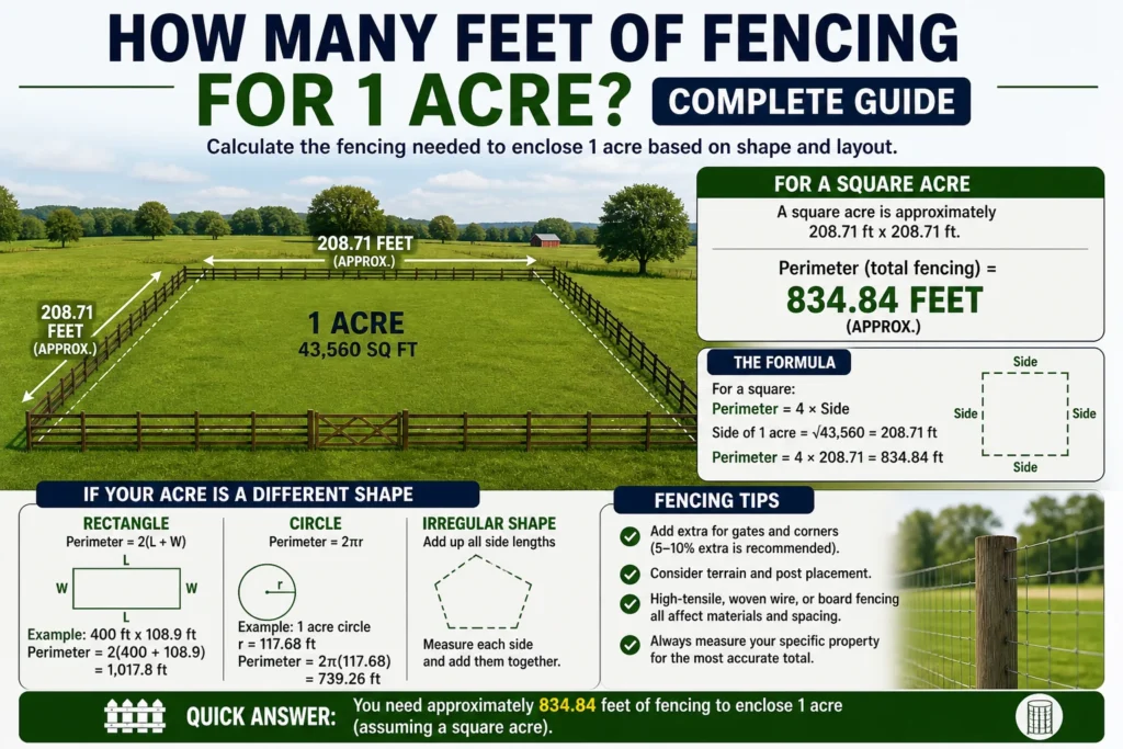 how many feet of fencing for 1 acre