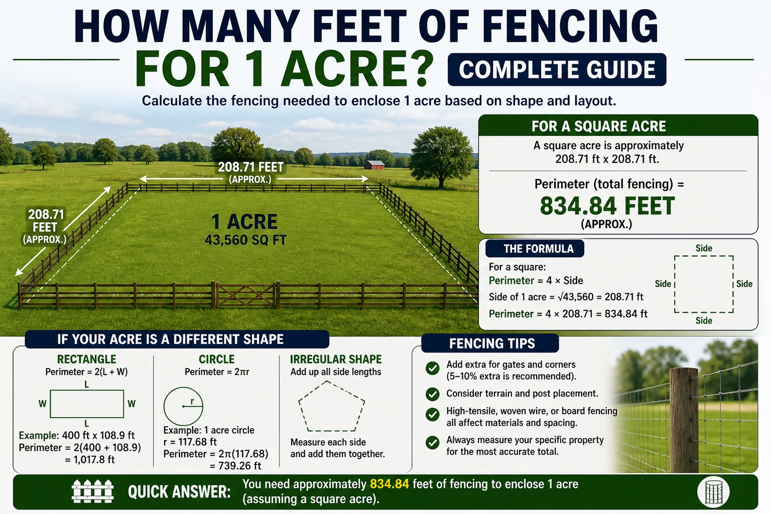 how many feet of fencing for 1 acre