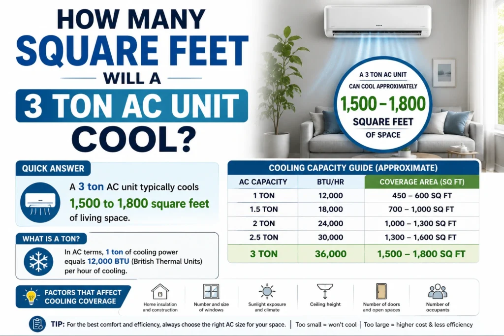how many square feet will 3 ton ac unit cool