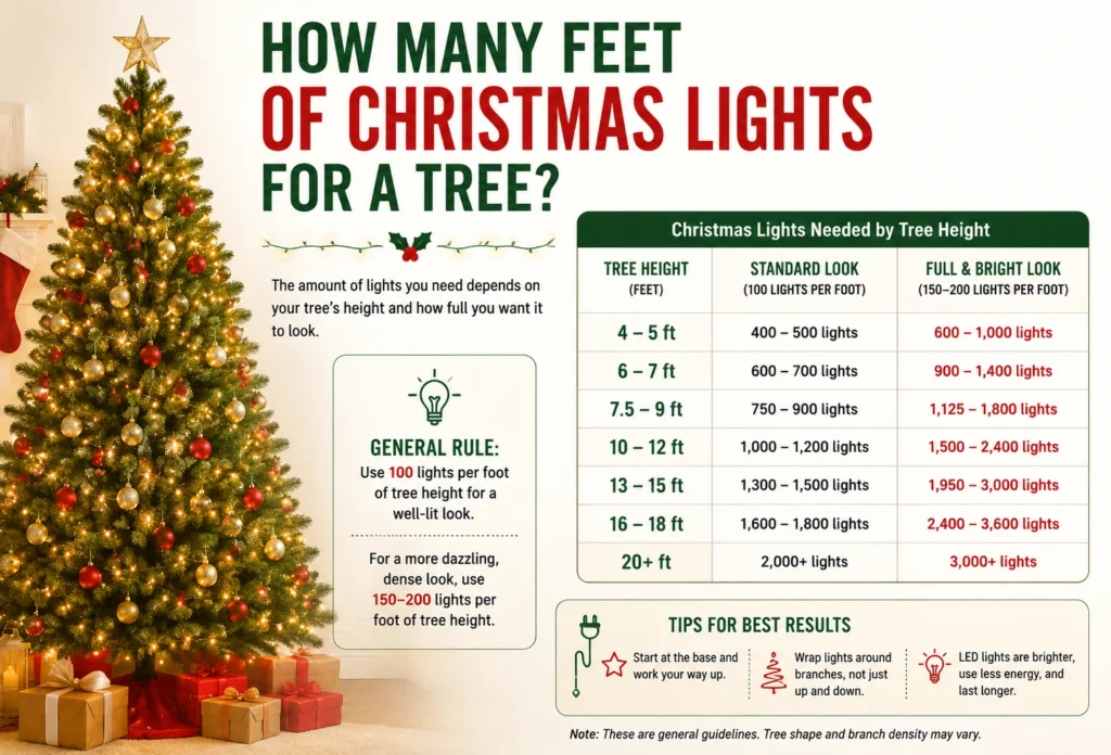 how many feet Christmas lights for tree
