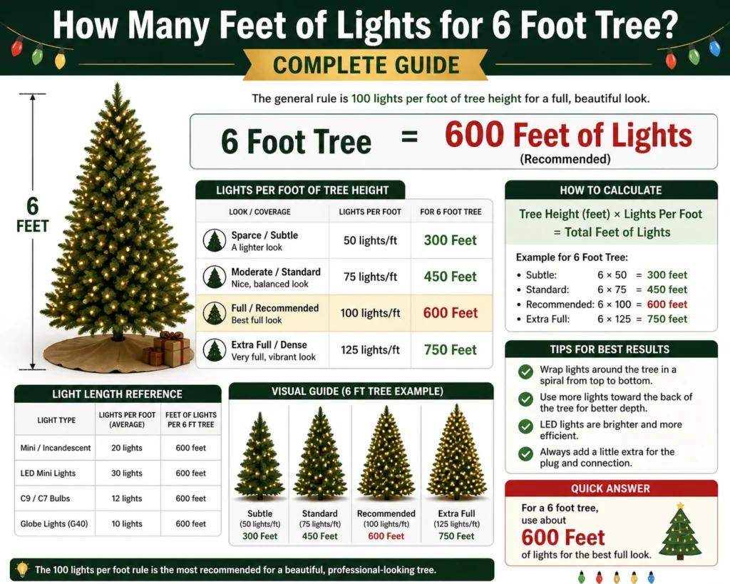 how many feet of lights for 6 foot tree