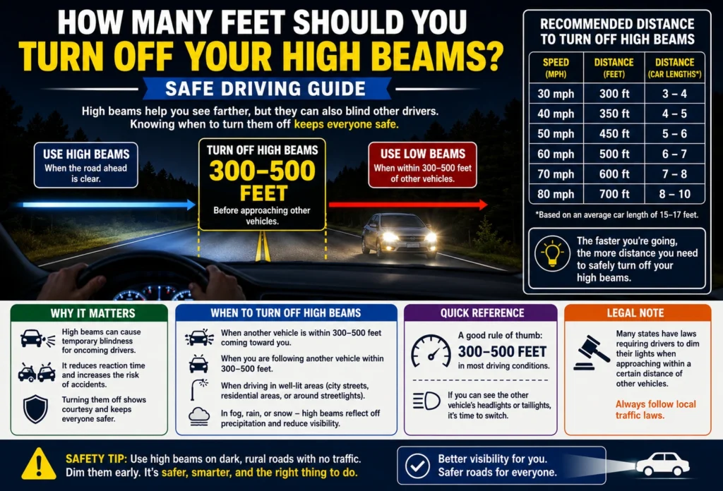 how many feet should you turn off your high beams