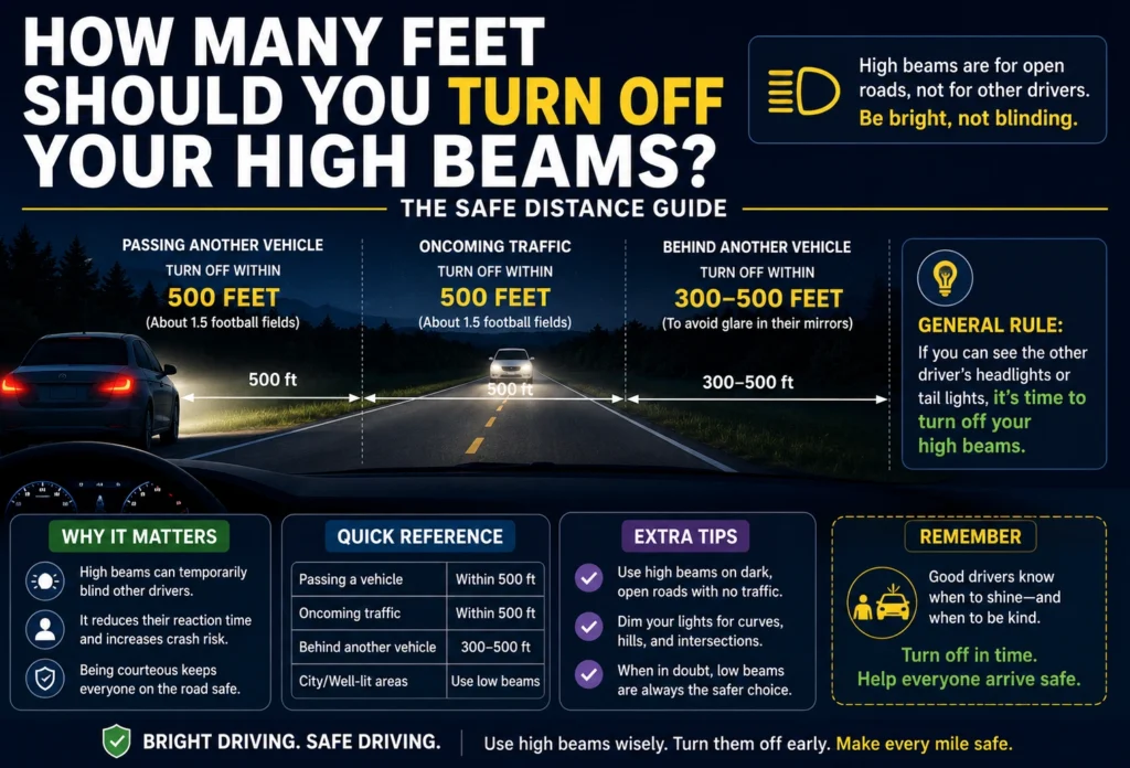 how many feet should you turn off your high beams
