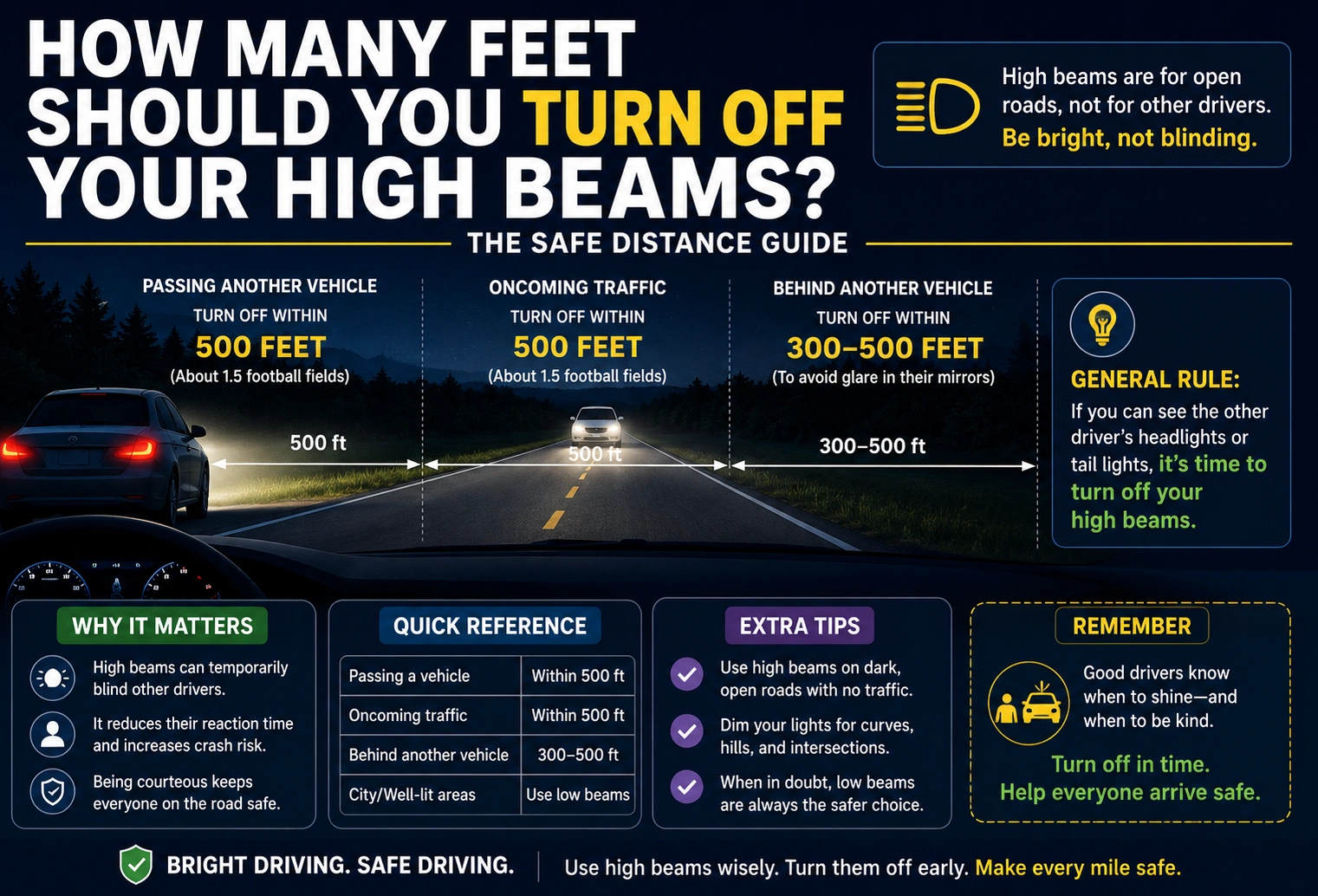 how many feet should you turn off your high beams