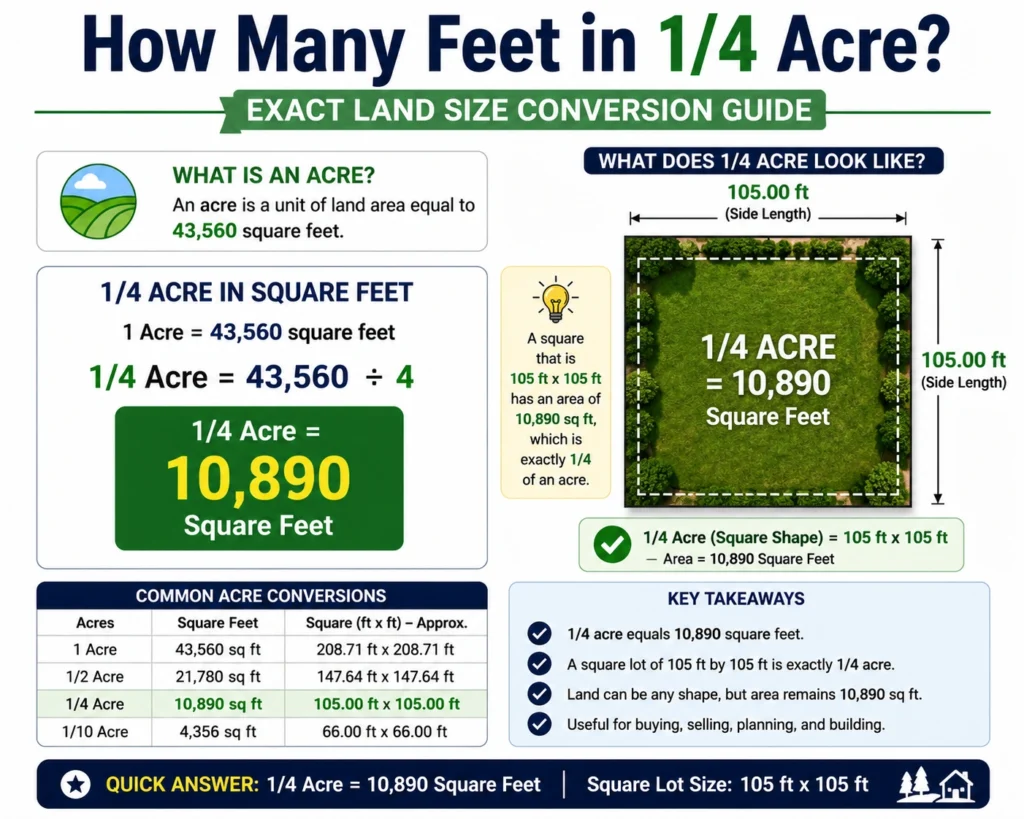 how many feet in 1/4 acre