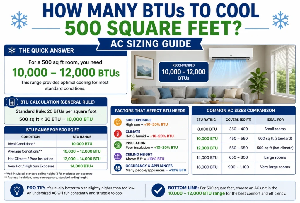 how many BTUs to cool 500 square feet