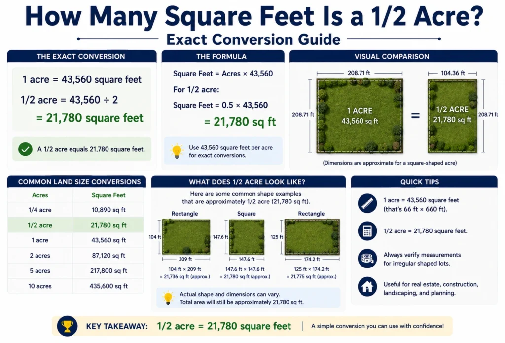 how many square feet is a 1/2 acre