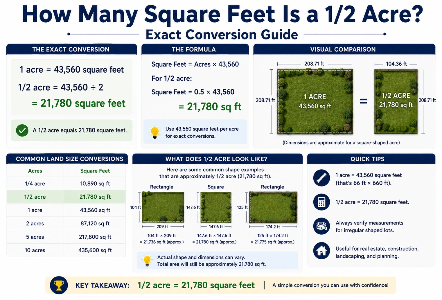 how many square feet is a 1/2 acre