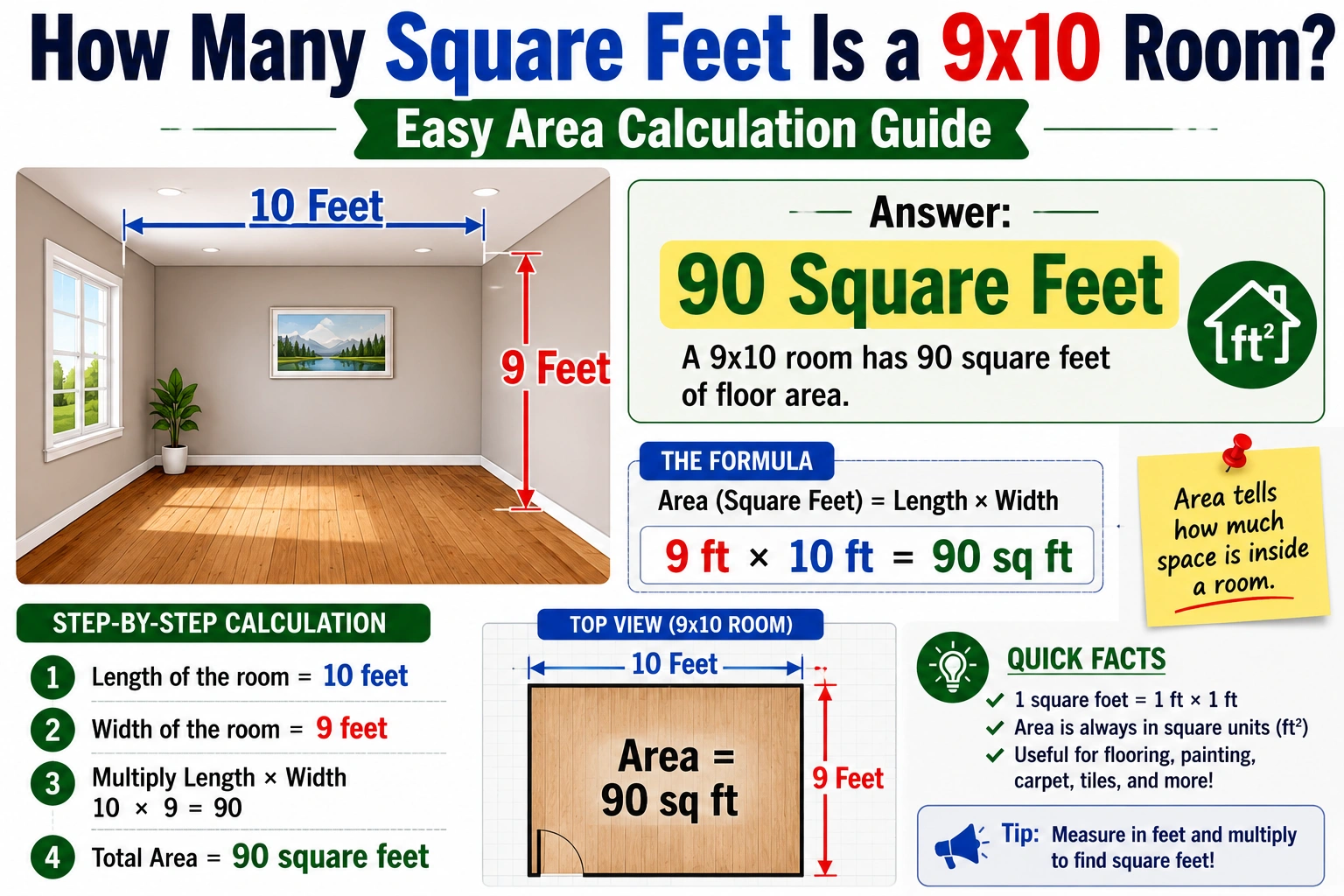 how many square feet is a 9x10 room