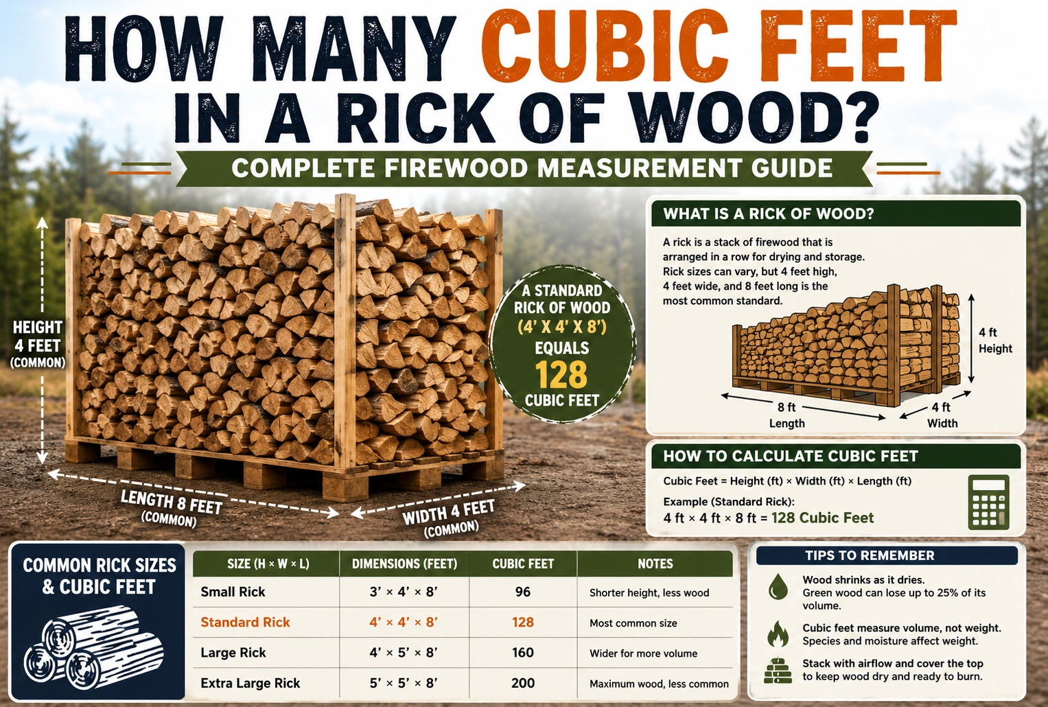 how many cubic feet in a rick of wood