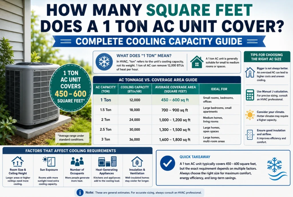 how many square feet does a 1 ton AC unit cover