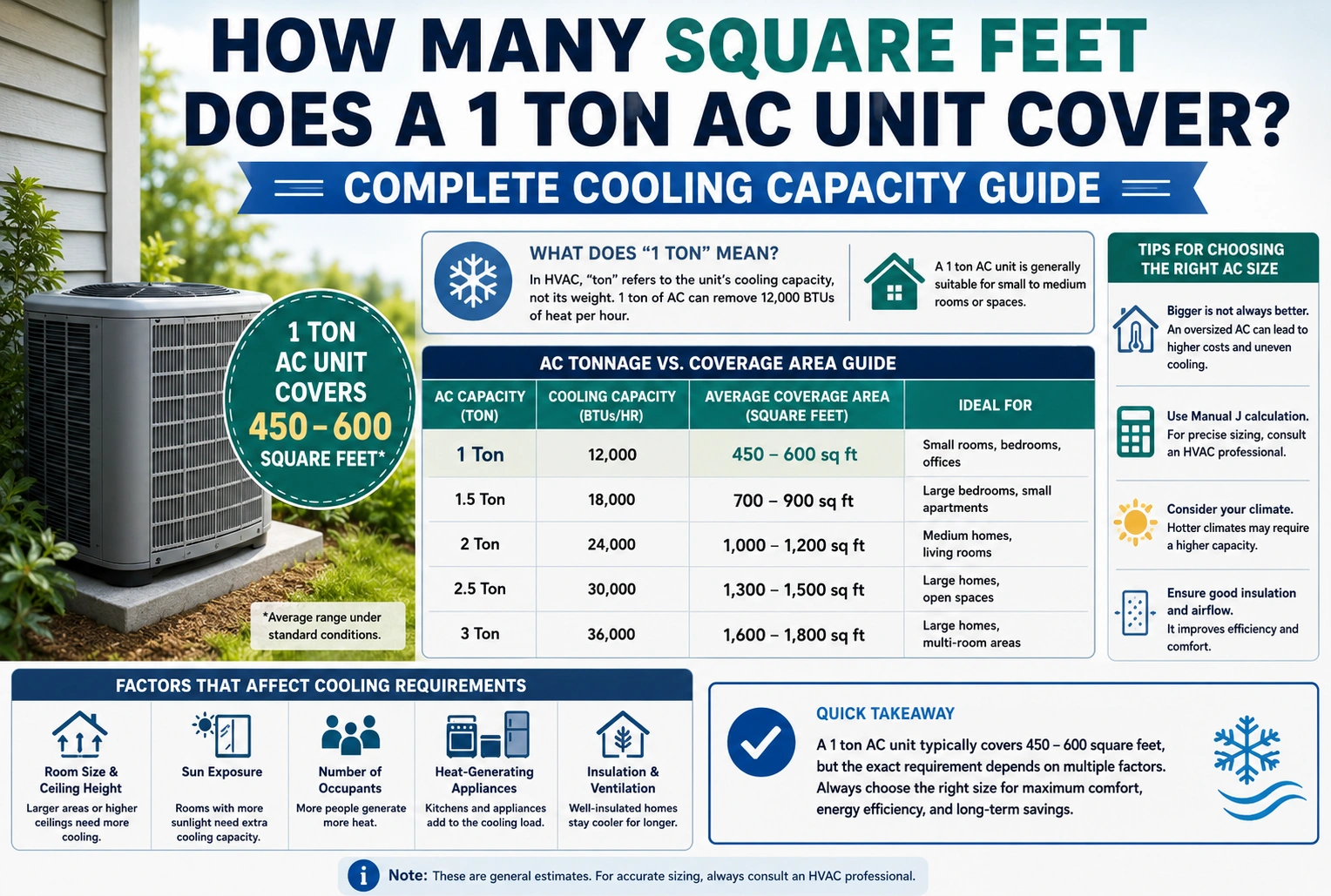 how many square feet does a 1 ton AC unit cover
