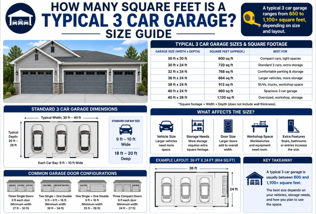 how many square feet is a typical 3 car garage