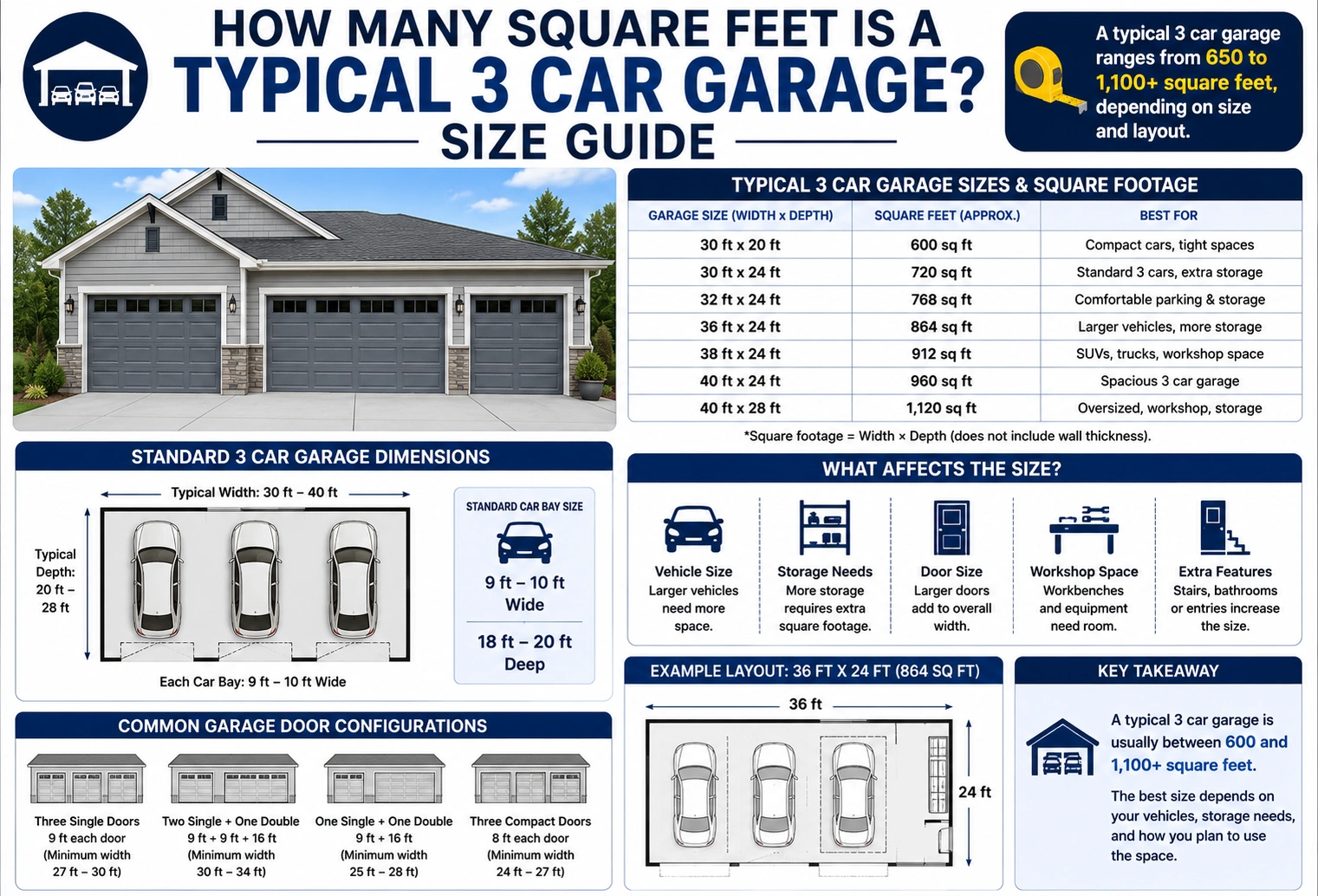 how many square feet is a typical 3 car garage