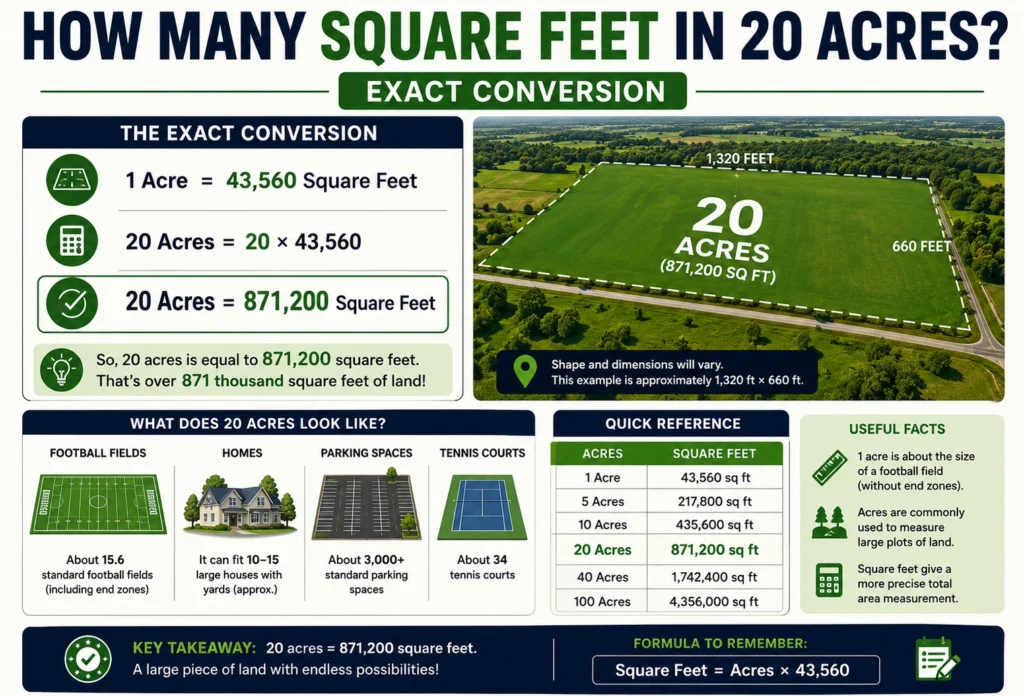 how many square feet in 20 acres
