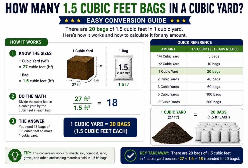how many 1.5 cubic feet in a yard
