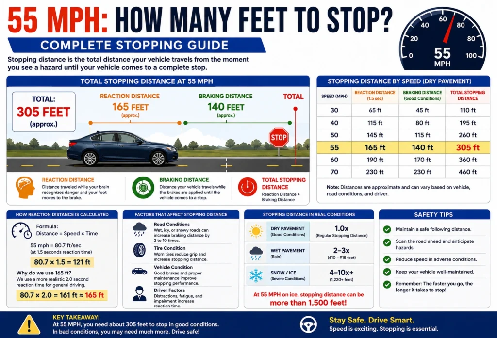 55 mph how many feet to stop