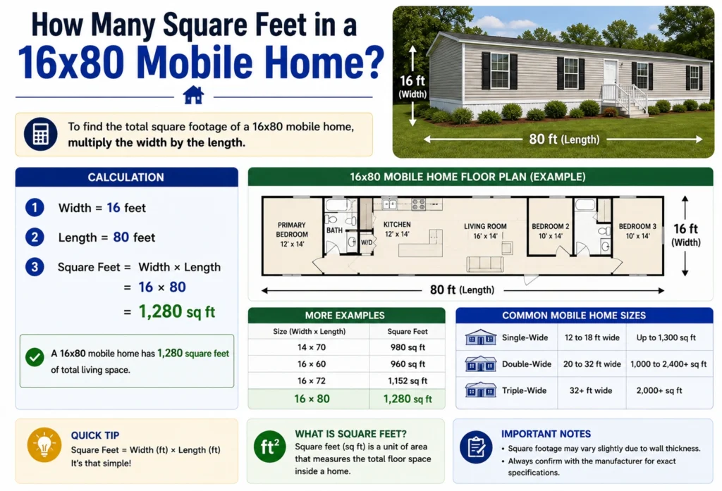 how many square feet in a 16x80 mobile home