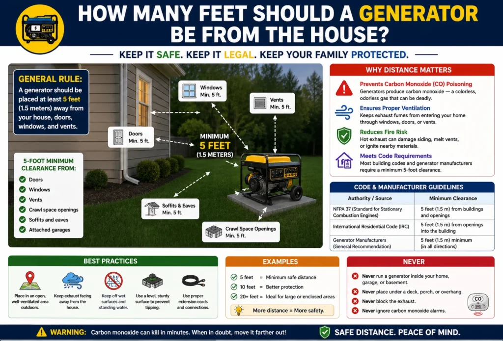 how many feet should a generator be from the house.