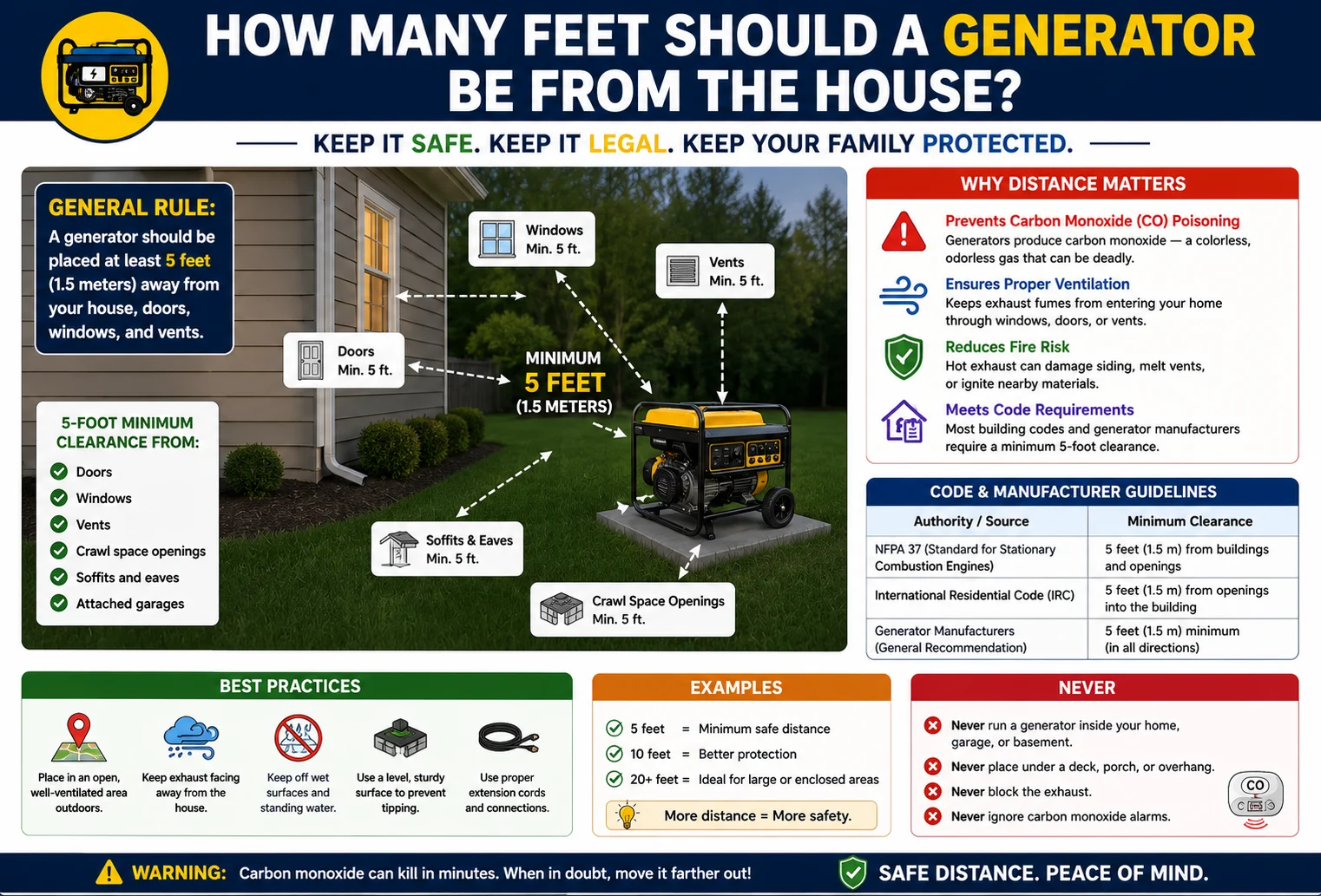 how many feet should a generator be from the house.