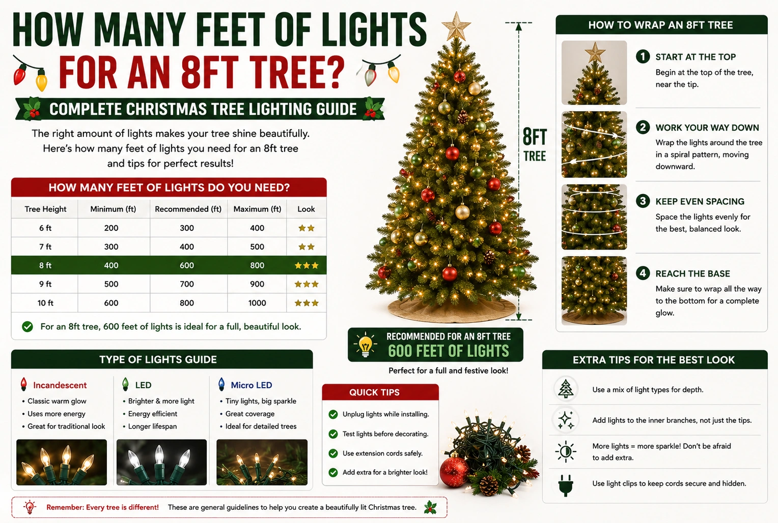 how many feet of lights for an 8ft tree
