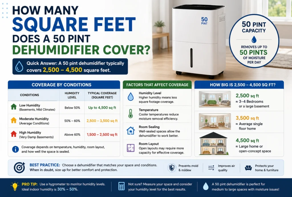 how many square feet does a 50 pint dehumidifier cover,