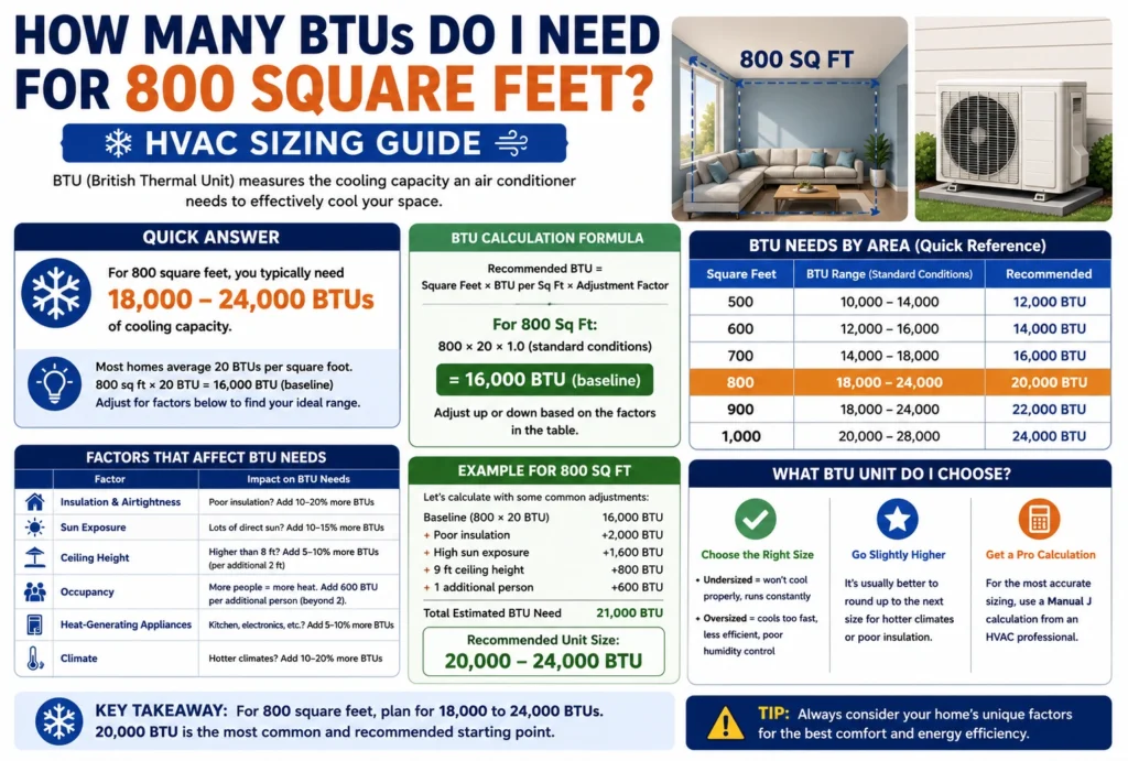 how many BTUs you need for an 800-square-foot space