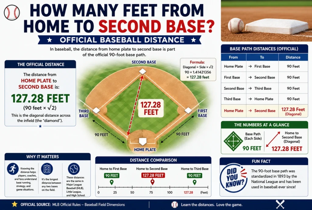 how many feet from home to second base