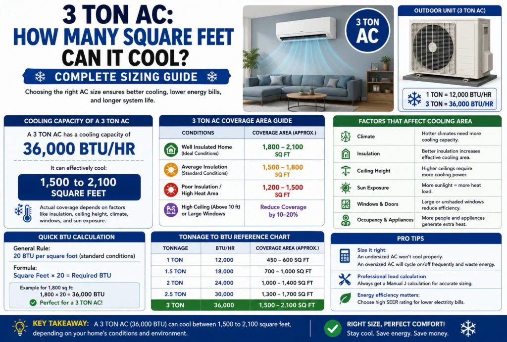 3 ton ac how many square feet