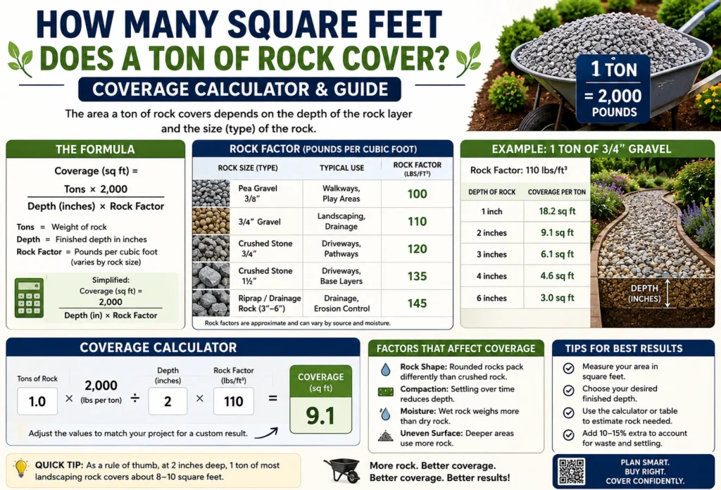 how many square feet does a ton of rock cover