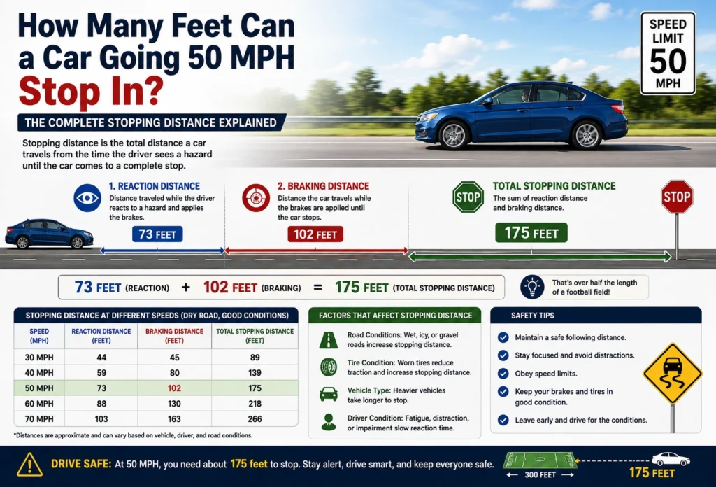 how many feet a car going 50 mph can stop in
