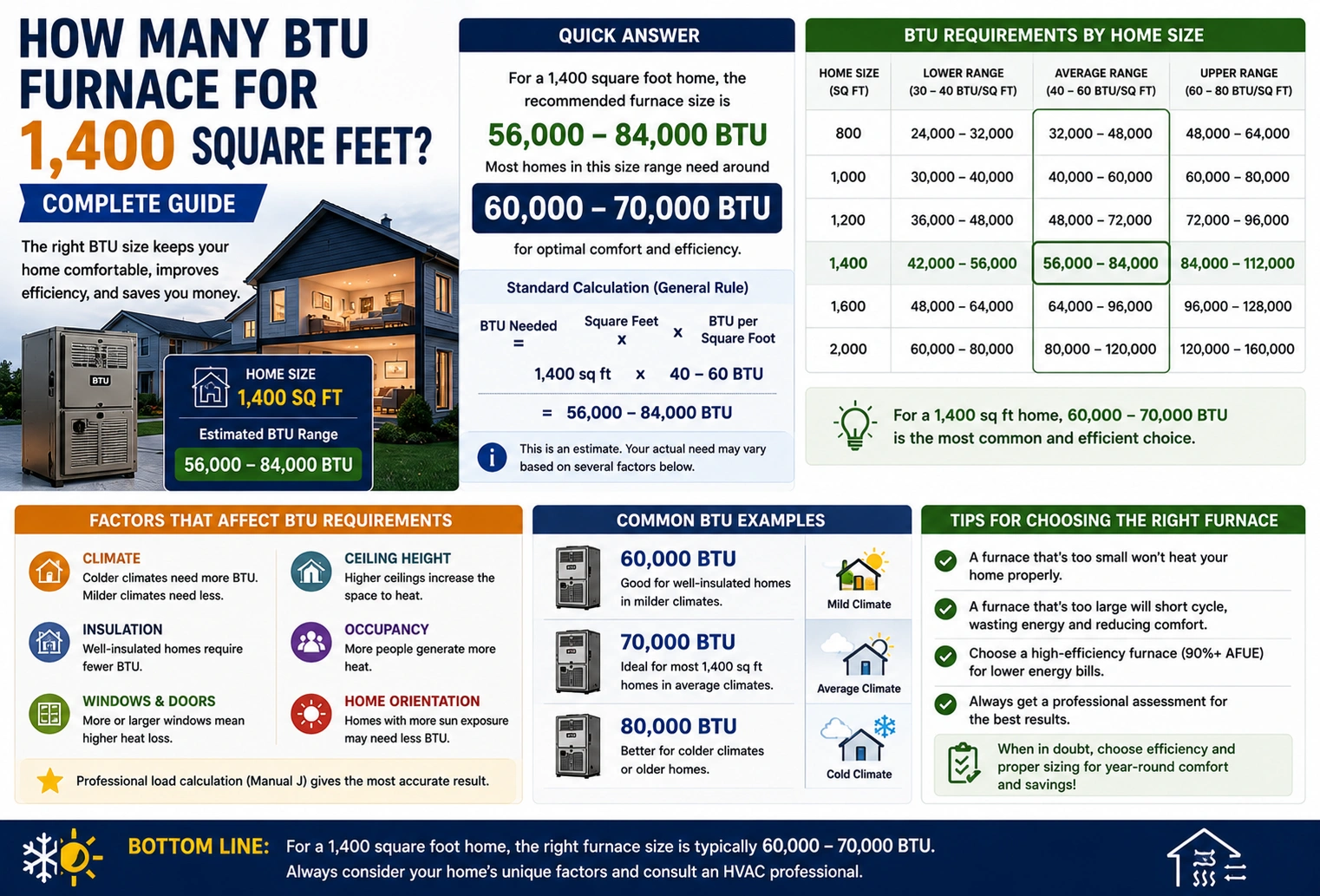 how many BTU furnace you need for 1,400 square feet