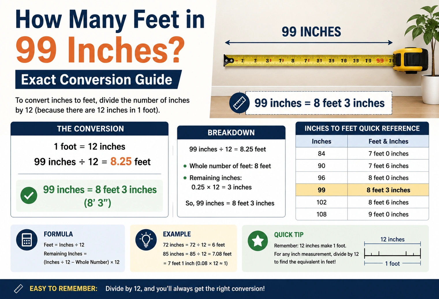 how many feet in 99 inches