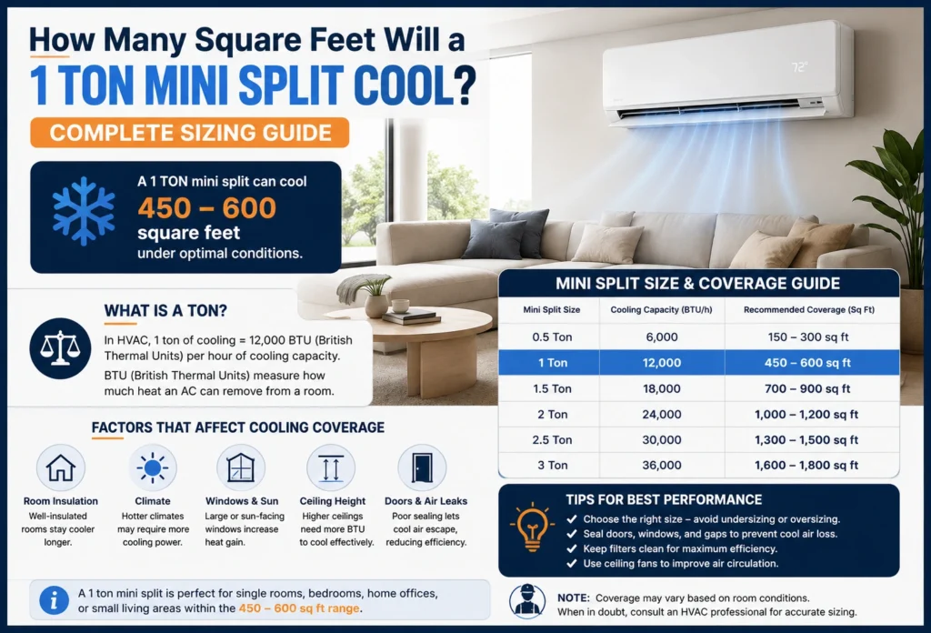 how many square feet a 1 ton mini split will cool.
