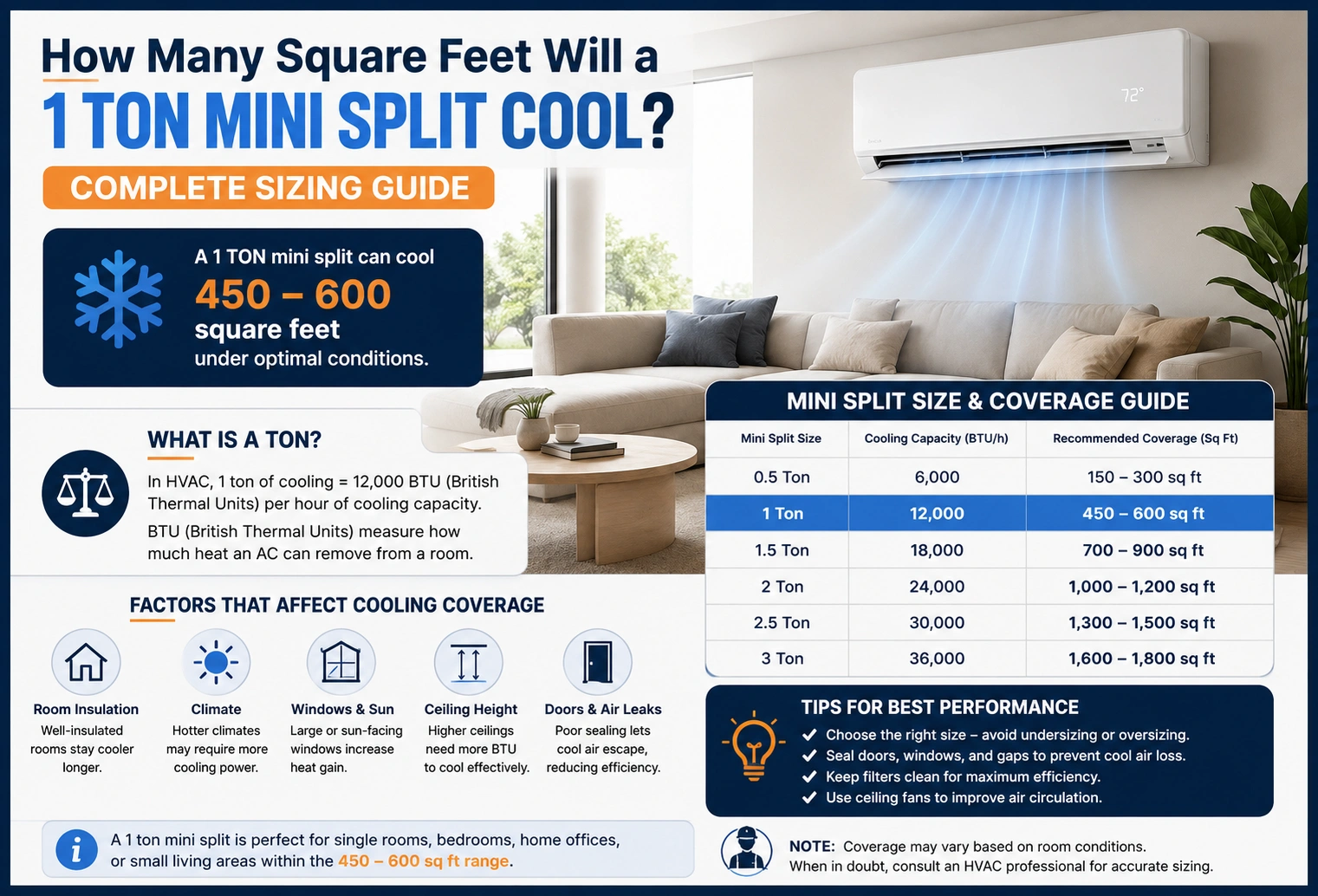 how many square feet a 1 ton mini split will cool.