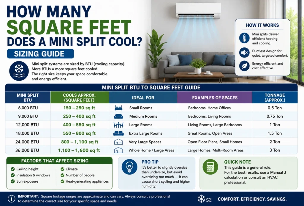 how many square feet does a mini split cool