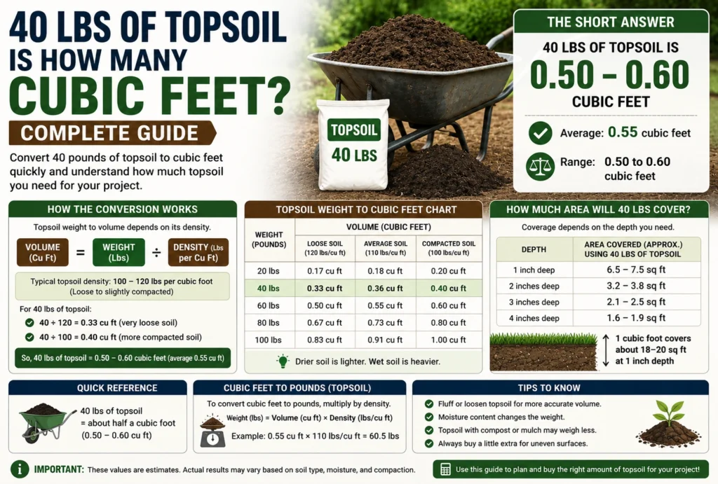 40 lbs of topsoil is how many cubic feet