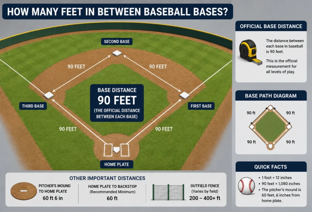 How many feet in between baseball bases