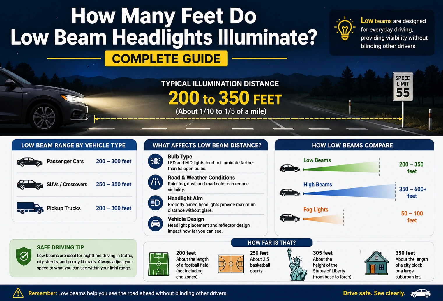 how many feet low beam headlights illuminate