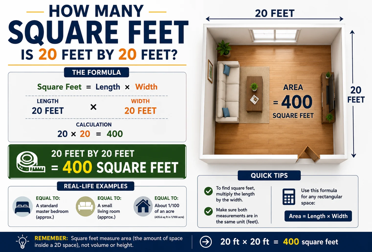 how many square feet is 20 feet by 20 feet